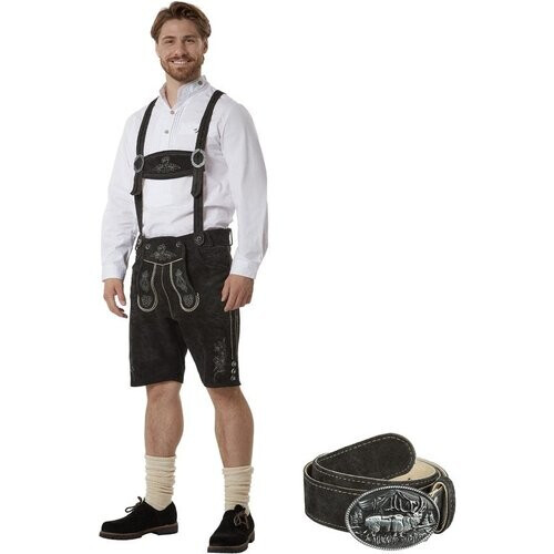 Tweedekans Dressforfun Authentieke Korte Lederhosen Jannis - Met Riem en Bretels - Echt Leer - Zwart - 52 - Oktoberfest Kleding Man - Herenkostuum - Verkleedkleding - Duitse Klederdracht - Carnavalskleding - Klederdrachtvest - Traditionele Leren Broek Tweedehands