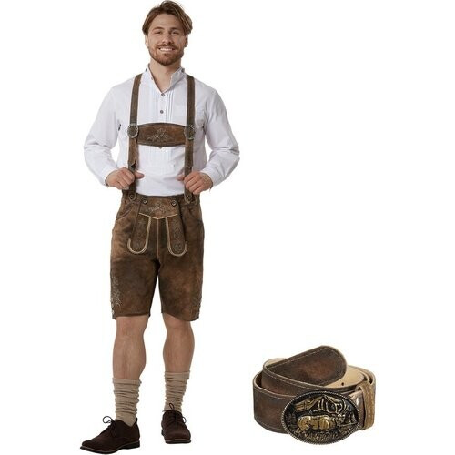 Tweedekans Dressforfun Authentieke Korte Lederhosen Jonathan - Met Riem en Bretels - Echt Leer - Bruin - 50 - Oktoberfest Kleding Man - Herenkostuum - Verkleedkleding - Duitse Klederdracht - Carnavalskleding - Klederdrachtvest - Traditionele Leren Broek Tweedehands