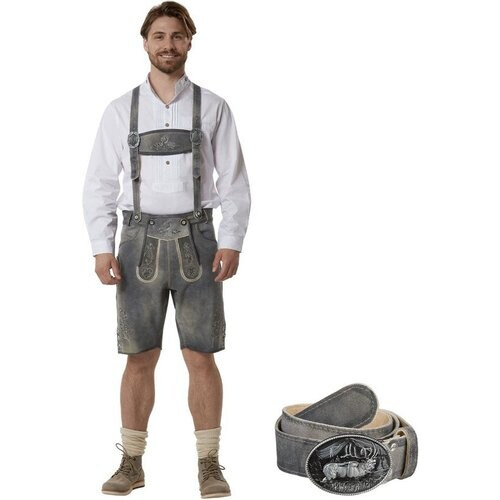 Tweedekans dressforfun - Authentieke Korte Lederhosen Joshua - Met Riem en Bretels - Echt Leer - Zandkleur - 50 - Oktoberfest Kleding Man - Herenkostuum - Verkleedkleding - Duitse Klederdracht - Carnavalskleding - Klederdrachtvest - Traditionele Leren Broek Tweedehands