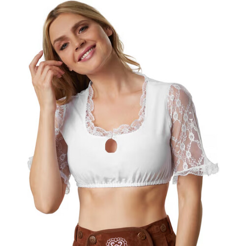 Tweedekans DressForFun – Dirndlblouse Tyroler Rikke – Maat XL – Wit Polyester & Katoen – Druppelvormige Halslijn met Kant – Elastische Pasvorm – Oktoberfest & Carnaval Kleding voor Dames Tweedehands