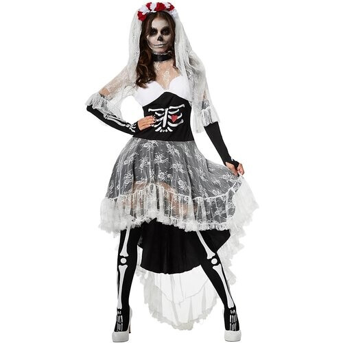 Tweedekans DressForFun Enge Skelet Bruid Kostuum Dames – Voorzien Van Kanten Opstaande Kraag En Gevoerde Cups En Sluiersluier – Voor Halloween En Carnaval – Zwart En Wit Polyester – Maat S Tweedehands