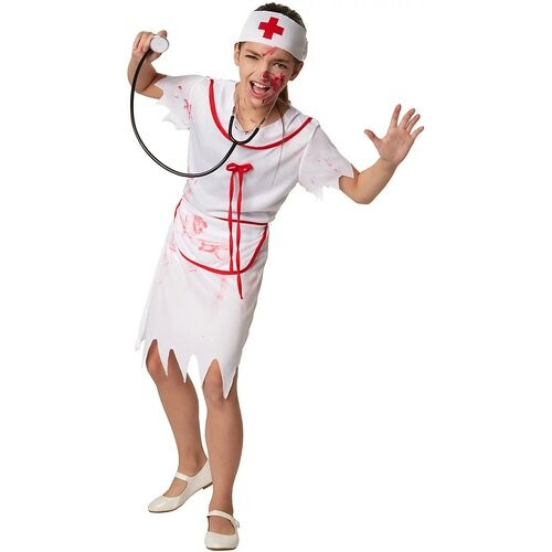 Tweedekans DressForFun Enge Verpleegster Kostuum Meisjes – Voorzien Van Bloedspatten En Rafelige Zomen En Rode Kruis Haarband – Voor Halloween En Griezelfeesten – Rood En Wit Polyester – Honderdeenveertig Centimeter Tweedehands