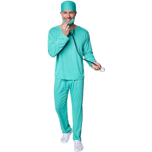 Tweedekans Dressforfun - Herenkostuum Chirurg - Volledig artsenkostuum met broek, bovenstuk, mondmasker & hoofddeksel voor Carnaval, Halloween & Feest - Maat M Tweedehands
