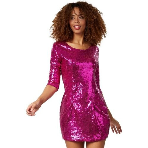 Tweedekans Dressforfun Paillettenjurk met lange mouwen pink S - verkleedkleding kostuum halloween verkleden feestkleding carnavalskleding carnaval feestkledij partykleding - 303806 Tweedehands