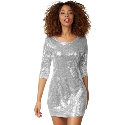 Tweedekans Dressforfun Paillettenjurk met lange mouwen zilver M - verkleedkleding kostuum halloween verkleden feestkleding carnavalskleding carnaval feestkledij partykleding - 303782 Tweedehands