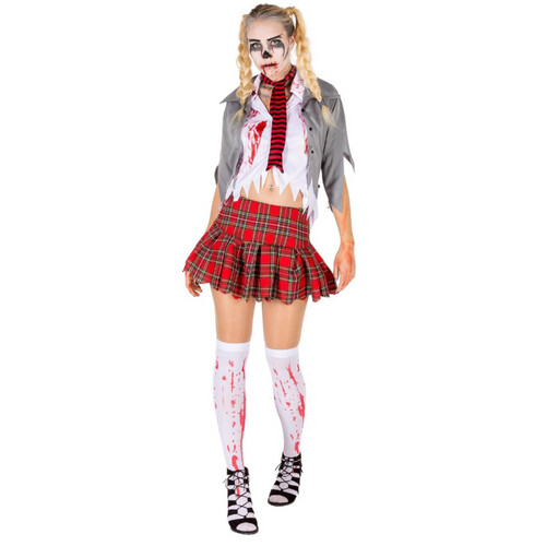 Tweedekans DressForFun – Vrouwenkostuum Sexy Zombie – Maat L – Wit & Rood Polyester – Gekartelde Mini-jurk met Bloedvlekken – Griezelige Look – Halloween & Carnaval Verkleedkleding voor Dames Tweedehands