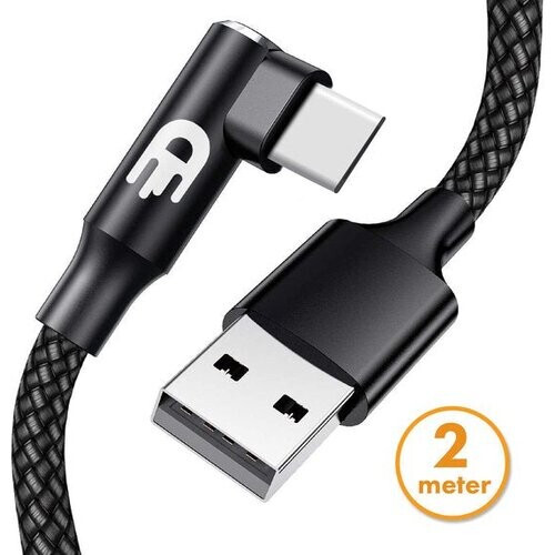 Tweedekans Drivv. USB naar USB C Kabel - Haaks - USB C Data en oplaadkabel - Fast Charge / Snellader - 2 Meter - Geschikt voor Samsung, iPhone 15 en Meer -Zwart Tweedehands