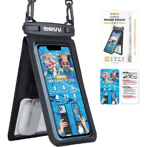 Tweedekans Drivv. Waterdicht Telefoonhoesje 2 in 1 met Koord - Universeel tot 6.7 inch – Onderwater hoesje telefoon - Zwart Tweedehands