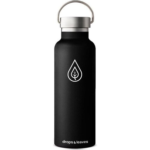 Tweedekans Drops & Leaves - Thermosfles - Roestvrij Staal - RVS - Drinkfles - 500ML - Waterfles - Deep Black - Thermos - Isolatie - Thermosbeker - Outdoor - Lekvrij - Fles