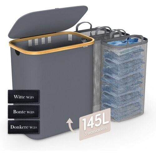 Tweedekans Dymac Wasmand 145 Liter | 3 Compartimenten | Bamboe Wassorteerder | Met 3 uitneembare waszakken | Wasmand 3 vakken | Wasmand met deksel | Grijs Tweedehands