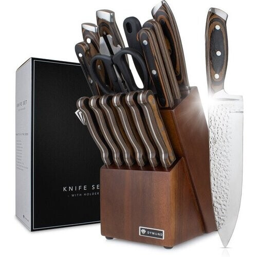 Tweedekans Dymund® Messenset met Blok - Koksmessen Set Incl Messenblok - (15-delig) - Gehamerd - RVS - Bruin Tweedehands