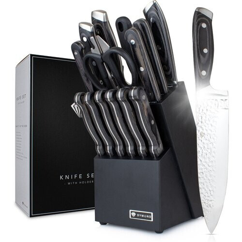 Tweedekans Dymund® Messenset met Blok - Koksmessen Set Incl Messenblok - (15-delig) - Gehamerd - RVS - Zwart Tweedehands