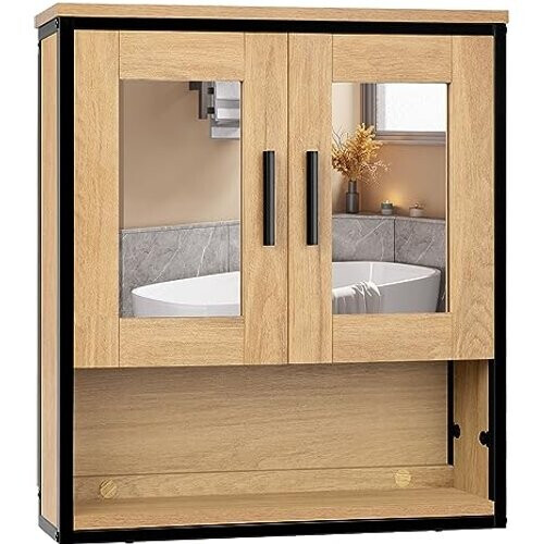 Tweedekans Eugad Badkamerkast met 2 Deuren en Spiegel Licht Eiken 56 x 13 x 60 cm Tweedehands