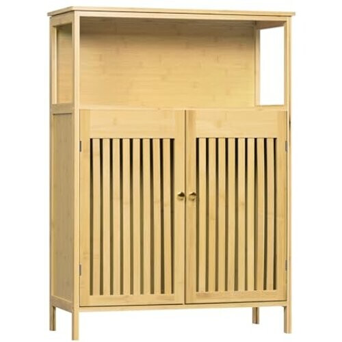 Tweedekans Eugad Badkamerkast met 2 Lamellen Deuren en Verstelbare Planken - Bamboekleur 70 x 98 x 32 cm Tweedehands