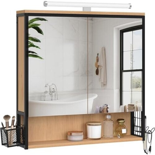 Tweedekans Eugad Badkamerkast met Spiegel en Verlichting Zwart Licht Eiken 70x70x14,5 cm Tweedehands