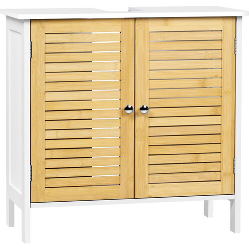 Tweedekans EUGAD Wastafelonderkast Napels – Voorzien Van Sifonuitsparing En Verstelbare Plank En Magnetische Lamellendeuren – Voor Badkamer En Toilet – Wit Gecoat Hout En Bamboe – 60 x 30 x 60 cm Tweedehands