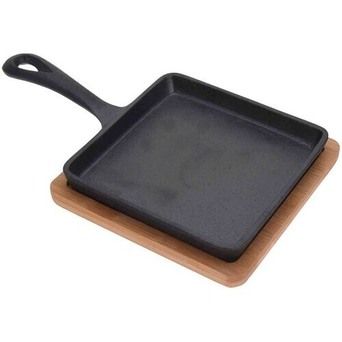 Tweedekans Excellent Houseware Serveerpannetje met plank - gietijzer - bamboe hout - 14 cm Tweedehands