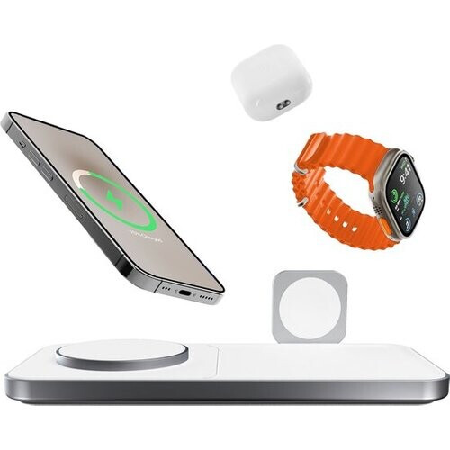 Tweedekans Favolt Site:3 Magsafe 3 in 1 Draadloze Oplader (MFi/QI) Magnetisch Laadstation voor iPhone Apple Watch AirPods Silver Tweedehands