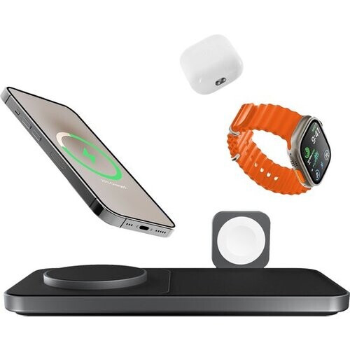 Tweedekans Favolt Site:3 Magsafe 3 in 1 Draadloze Oplader (MFi/QI) Magnetisch Laadstation voor iPhone Apple Watch AirPods Space Gray Tweedehands