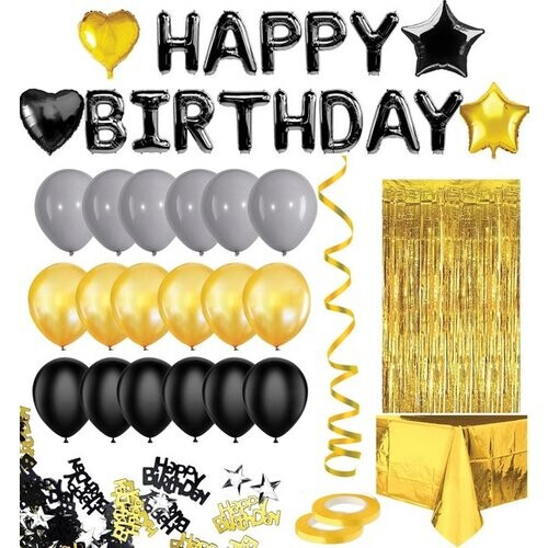 Tweedekans Feestio Ballonnen Verjaardag Versiering met Tafelkleed en Slingers - Helium - Zwart Goud Tweedehands