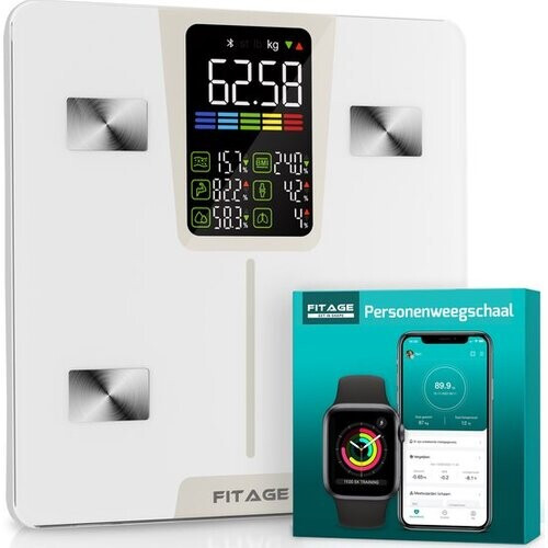 Tweedekans FITAGE LED Weegschaal Wit - Personenweegschaal Digitaal - Slimme Weegschaal met 17x Lichaamsanalyse - Weegschalen - FITAGE App Tweedehands