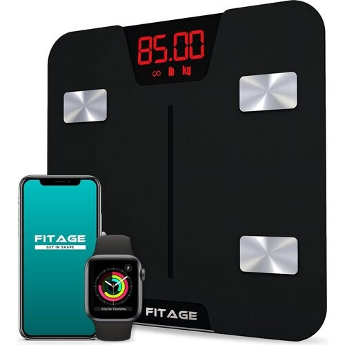 Tweedekans FITAGE Smart Weegschaal – App-tracking & bluetooth - 17 Lichaamswaarden – 180 kg capaciteit – 28 x 28 x 2,5 cm – Zwart Tweedehands