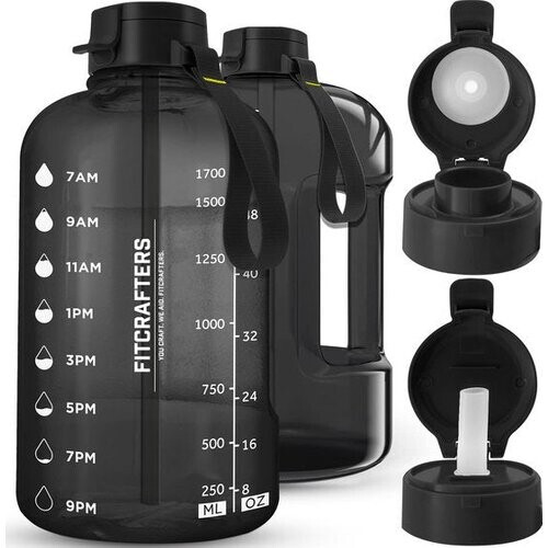 Tweedekans Fitcrafters Waterfles met Tijdmarkeringen - Motiverende Drinkfles - 2L - BPA vrij - Zwart Tweedehands