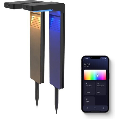 Tweedekans FlinQ Gaia - Smart Solar Tuinlamp- Solar Tuinverlichting - Zonne-energie - Wit en Gekleurd licht - Bewegingssensor - 2-pack - Zwart Tweedehands