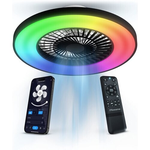 Tweedekans Flowsense Plafondventilator met Verlichting 50 cm – Dimbare LED Plafondlamp met Ventilator – Zwart – Afstandsbediening & Appbediening Tweedehands