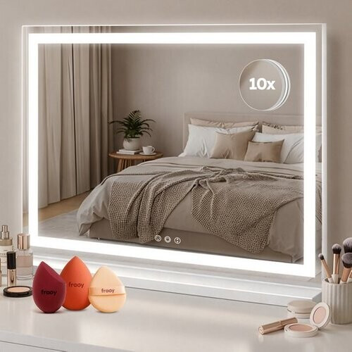Tweedekans Fraay® Hollywood Spiegel met Verlichting 60x50cm - 3 Lichtstanden - Make Up Spiegel met 10x Vergrootspiegel - LED Strip Verlichting Dimbaar - Incl. 2 Beauty Blenders en Powder puff Tweedehands