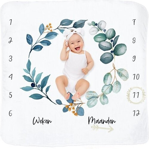 Tweedekans Frummel Mijlpaaldeken ‘Leaves’ – Milestone deken – Mijlpaal baby – Kraamcadeau Jongen – Kraamcadeau Meisje – Baby Shower Cadeau – Baby Cadeau – Mijlpaaldeken in het Nederlands – Moederdag cadeau - 115 x 115 cm Tweedehands