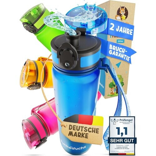 Tweedekans Funkelfuchs® - Drinkfles voor kinderen - 500ml, blauw - koolzuurhoudend - 100% lekvrij - waterfles vaatwasmachinebestendig - voor kleuterschool, school, sport Tweedehands