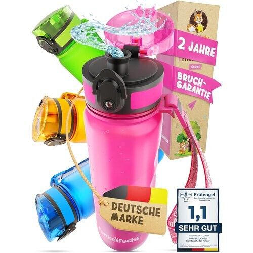 Tweedekans Funkelfuchs®- drinkfles voor kinderen - 500ml, roze - koolzuurhoudend - 100% lekvrij - waterfles vaatwasmachinebestendig - voor kleuterschool, schoolinschrijving, school, sport Tweedehands