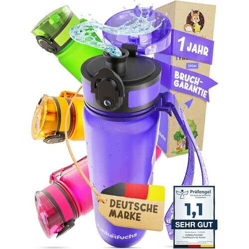 Tweedekans Funkelfuchs® Kinderdrinkfles 500ml – Paars – 100% Lekvrij & Koolzuurbestendig – BPA-vrij & Vaatwasserbestendig – Perfect voor School, Kleuters & Sport Tweedehands
