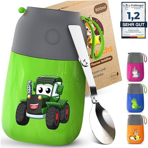 Tweedekans Funkelfuchs® Thermo beker voor kindervoeding - 500ml, groene trekker - 100% lekvrij - roestvrijstalen voedselwarmer - thermo beker voeding - thermo lunch box kinderen - baby voedselwarmer Tweedehands