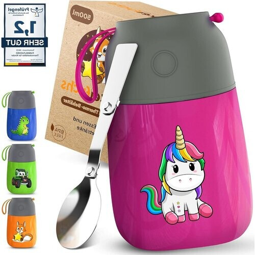 Tweedekans FUNKELFUCHS® Thermobeker voor kindervoeding - 500ml, roze eenhoorn - 100% lekvrij - Roestvrijstalen voedselwarmer - Thermo beker eten - Thermo lunchbox kinderen - Baby voedselwarmer Tweedehands