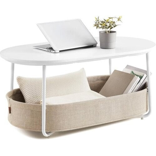 Tweedekans Furnstar - Salontafel ovaal - Tafel met opbergruimte - Bijzettafel - Woonkamertafel met mand van stof - Modern design - Metalen frame - Matwit Camelbruin Tweedehands