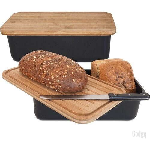 Tweedekans Gadgy Broodtrommel - met Bamboe Deksel – Brooddoos met Snijplank - BPA vrij - 36x19.5x11.5 cm- zwart Tweedehands