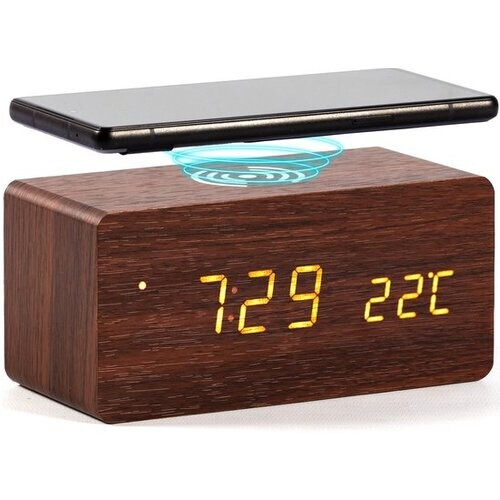 Tweedekans Gadgy Digitale Wekker met Draadloze Oplader - Houten Wekker met Eco Stand - Alarmklok met Temperatuur Datum en Tijd - Cadeau voor Vrouw en Man Tweedehands