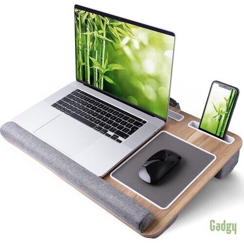 Tweedekans Gadgy Laptopkussen - Laptoptafel met Kussen, Muismat en Telefoonhouder – Bamboe - Laptopstandaard voor laptop t/m 17 inch - Bedtafel - Schootkussen Tweedehands