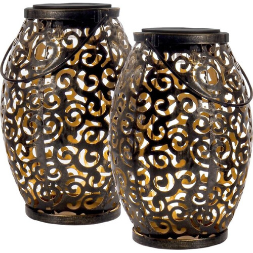 Tweedekans Gadgy Solar Oosterse Lantaarn - Tafellamp set van 2 – Solar Tuinverlichting op Zonneenergie – Led Buitenverlichting met Dag/Nacht Sensor - Hanglamp - Tuinlantaarn - 21.5 x Ø15CM - Brons - Metaal Tweedehands