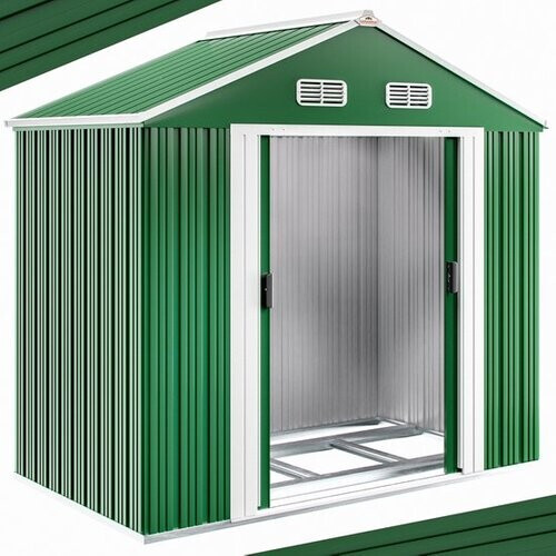 Tweedekans Gardebruk Metalen Tuinhuis - 1,8m² Fundering Schuifdeuren - Groen Tweedehands