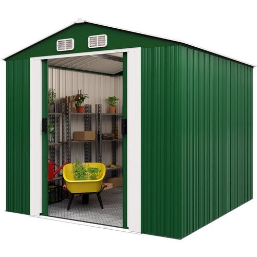 Tweedekans Gardebruk Tuinhuis - 8m² Metaal met Fundering Schuifdeuren- Groen Tweedehands