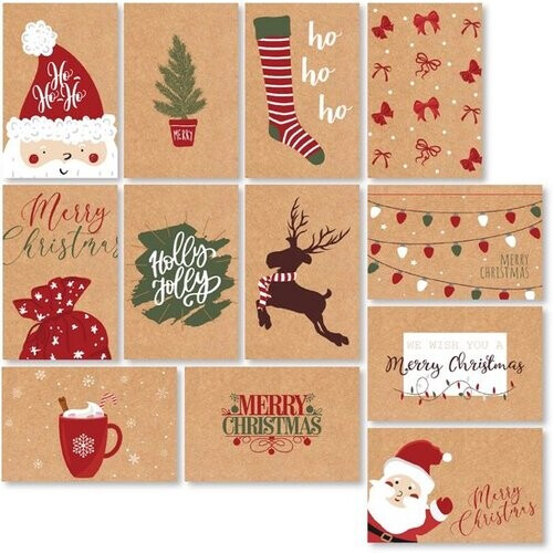 Tweedekans Giftmas Kerst Collectie – Wenskaarten & Kerstkaarten Set – 36 Groetenkaarten met 12 Designs – Inclusief Enveloppen en Stickers – Kraft Papier met Zwarte Bedrukking Voor Feestdagen – 20×15 cm Tweedehands