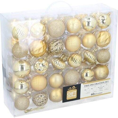 Tweedekans Giftsome Gouden Kersballen Set - 60 Kunststof Kerstballen - Incl. Gouden Piek - Kerst Decoratie - 6/7 cm Tweedehands