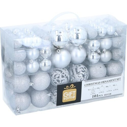 Tweedekans Giftsome Zilveren Kerstballen Set - 101 Kunststof Kerstballen - Incl. Zilveren Piek - Kerst Decoratie - 3/4/6 cm Tweedehands