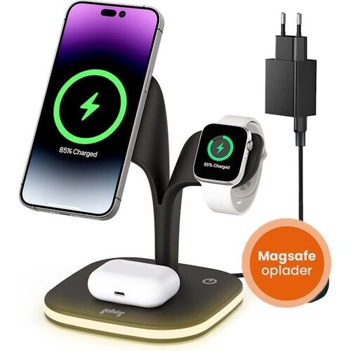 Tweedekans Goliving 5-in-1 Draadloos Qi Oplaadstation - Magsafe draadloze oplader - Geschikt voor iPhone, Apple Watch & Airpods - Inclusief Dimbaar Nachtlampje en USB output - 15W Snellader - Zwart Tweedehands