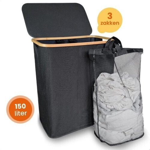 Tweedekans Goliving Wassorteerder 3 Vakken - 150L - Opvouwbare Wasmand Met Deksel - 3 Uitneembare Zakken Met Kleurlabels - 57 x 37 x 66 cm - Zwart Tweedehands
