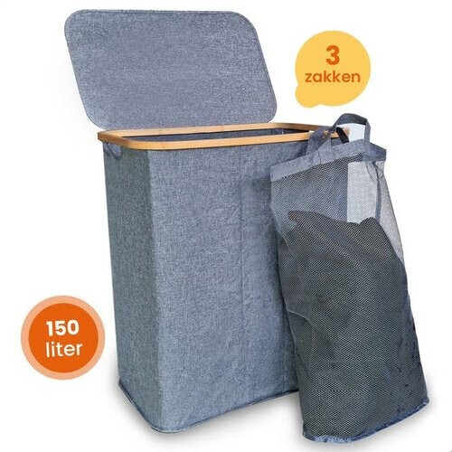 Tweedekans Goliving Wassorteerder 3 Vakken - 150L - Opvouwbare Wasmand Met Deksel - 3 Uitneembare Zakken Met Kleurlabels - 57 x 37 x 66 cm - Grijs Tweedehands