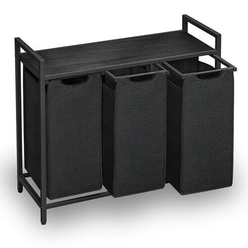 Tweedekans Goliving Wassorteerder – Wasmand met 3 vakken – Wasbox – Oxfort textiel/Metaal/Hout – 3 x 38 Liter – 25 x 92.5 x 71 cm – Zwart Tweedehands